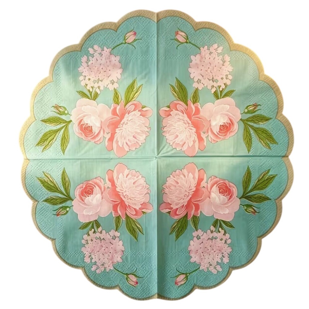 Two INDIVIDUAL Pink Roses on Aqua Round Scalloped Cocktail Napkins w Gold Edge